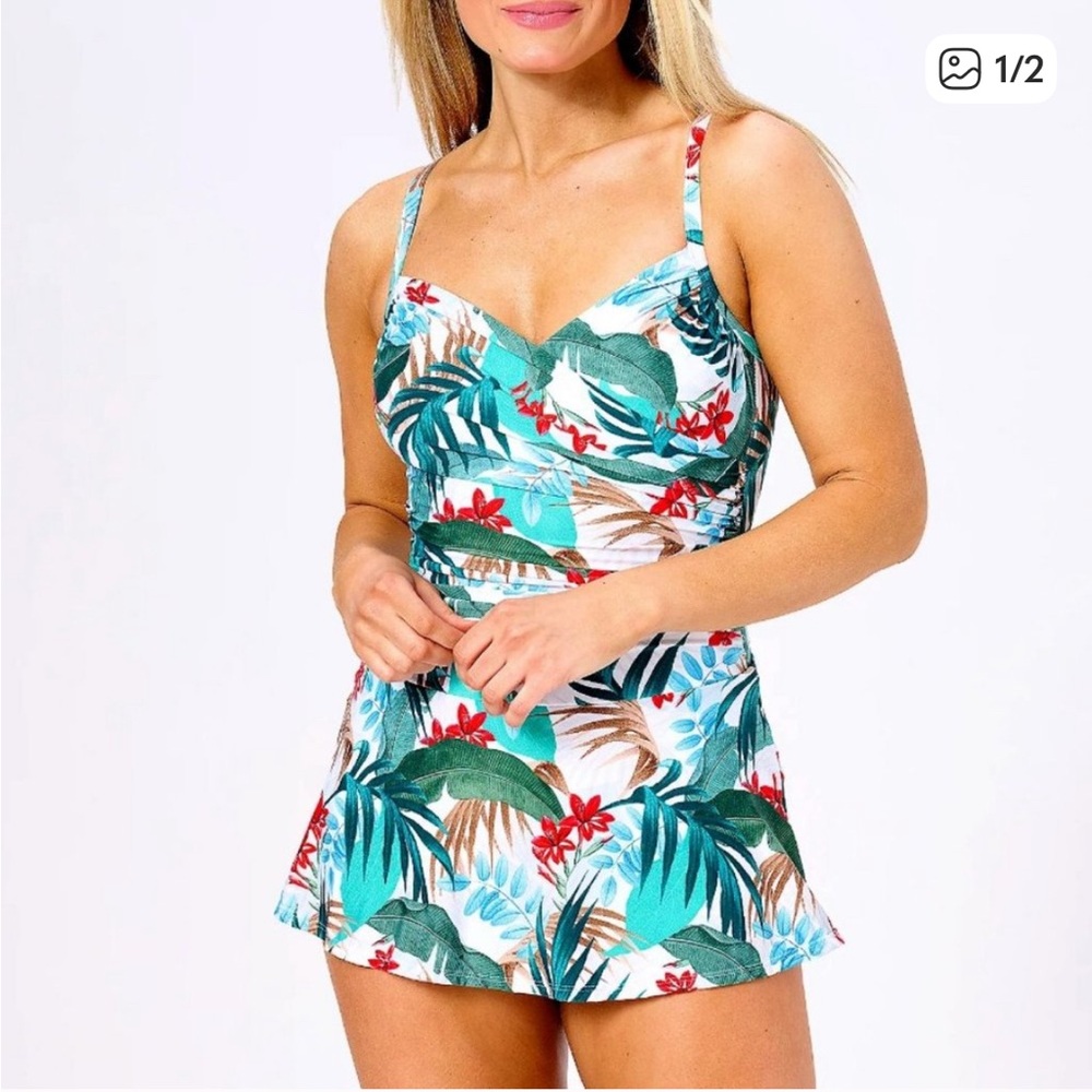 NWOT Womens Flirty‎ Wrap Front Bathing Suit Swim Dress Tropical Print Size 4